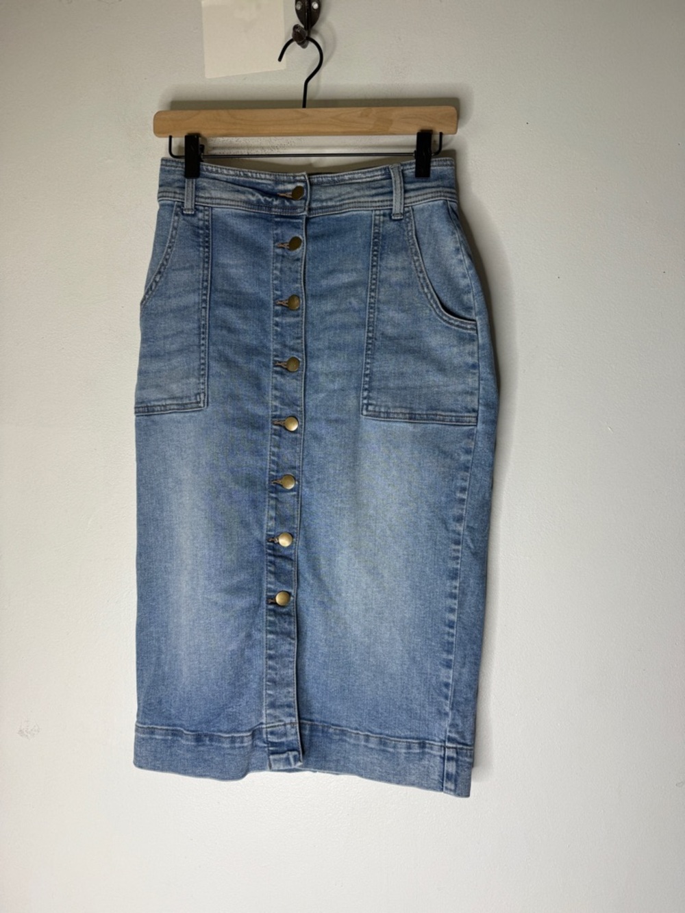 Evereve Dauntless Button Front Denim Midi Pencil Skirt Sz 26